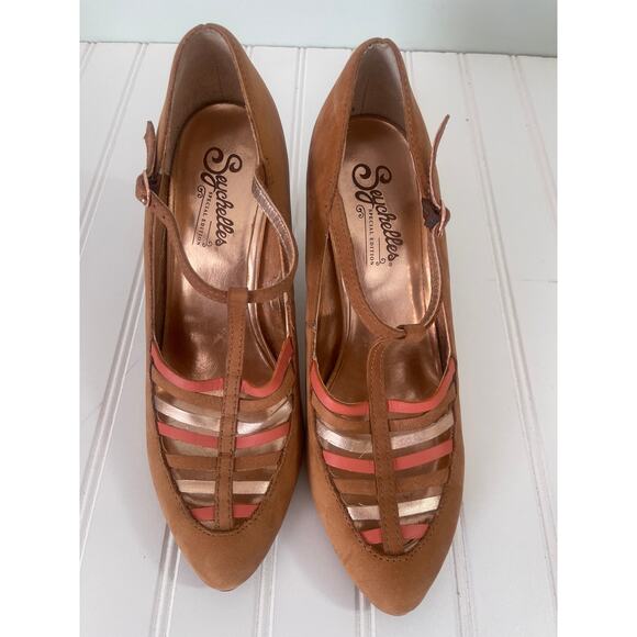 Seychelles Anthropologie Haley Multi-Strap Heels Tan Pink Metallic Size Women 10 - Picture 10 of 11